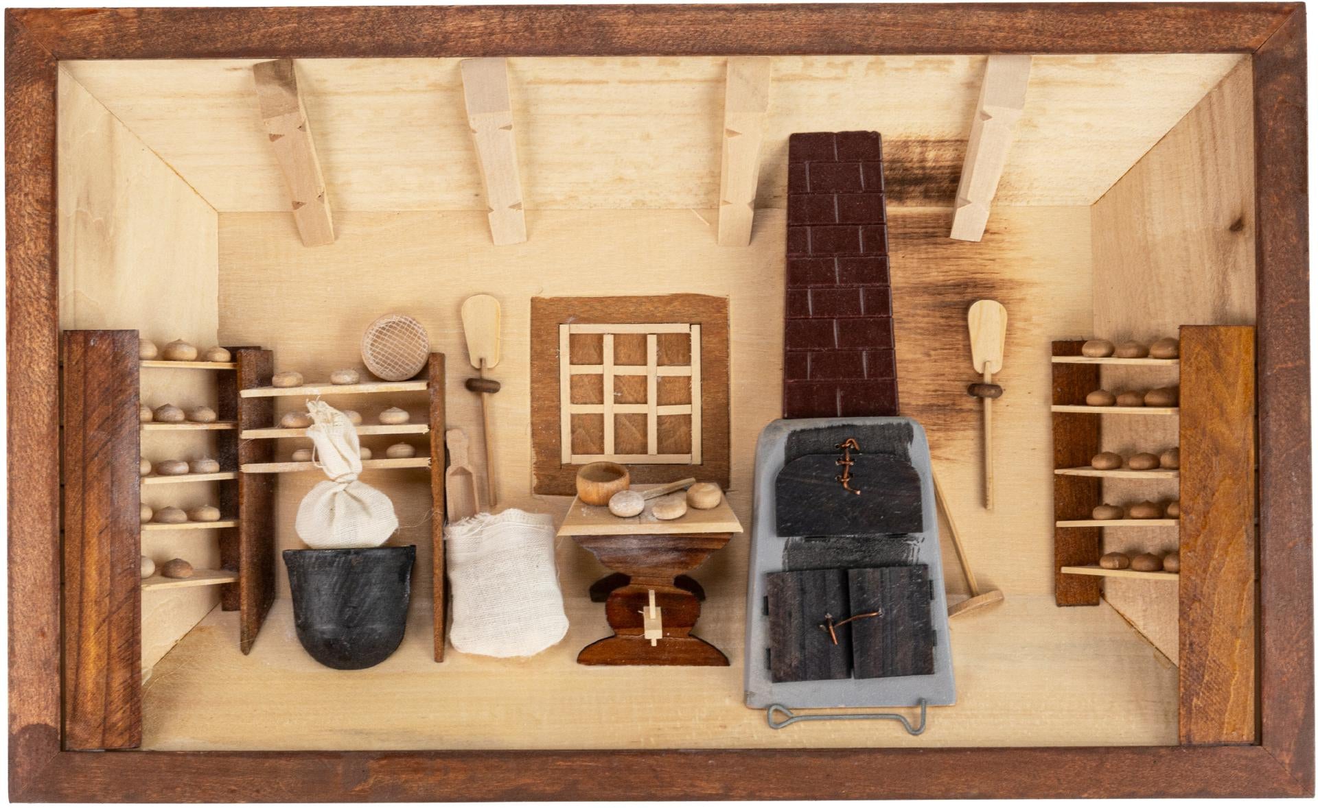 3D Wandbild Bäckerei aus verschiedenen Hölzern – handgefertigte nostalgische Wanddeko 43×27 cm