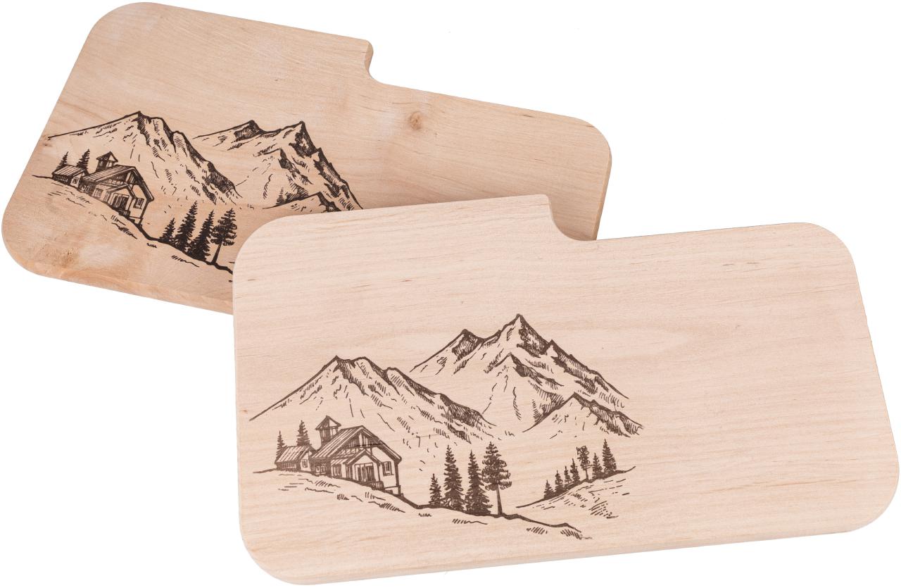 Messerbrett Erle 26 x 15 x 1,2 cm mit Motiv Almhütte - unbehandelt