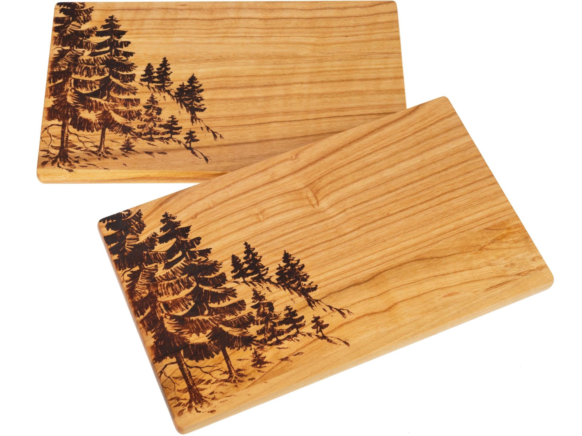 Kirschholzbrett mit Motiv Tannen am Hügel , gebrannt
