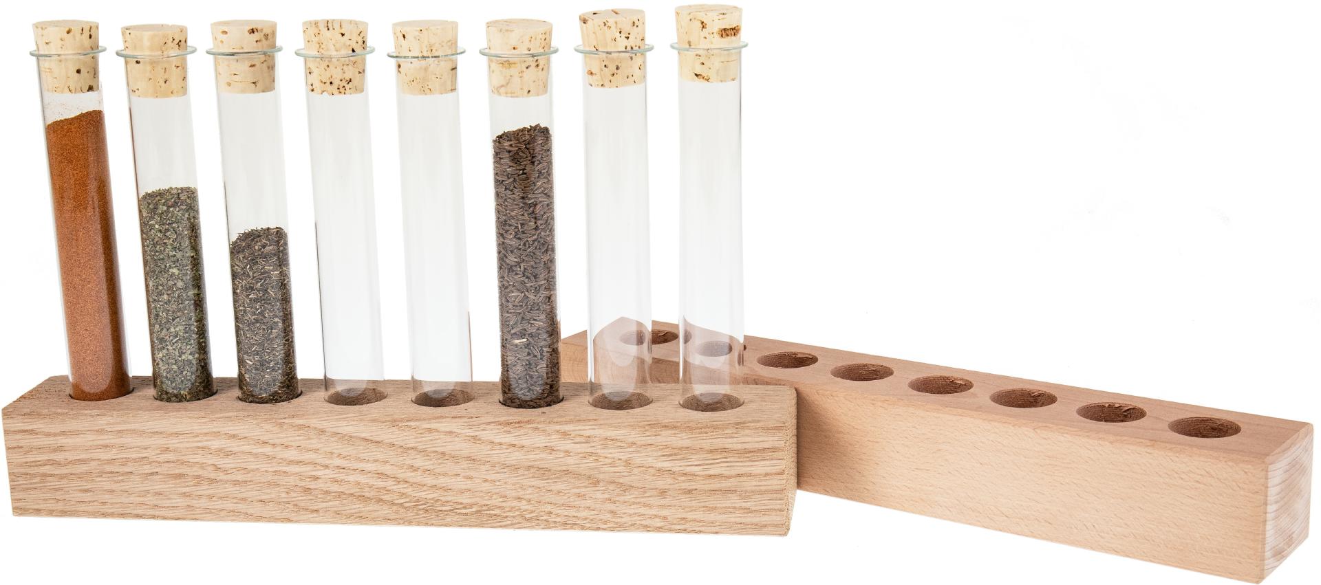 Gewürzeständer aus Holz mit Gläsern und Korkverschluss