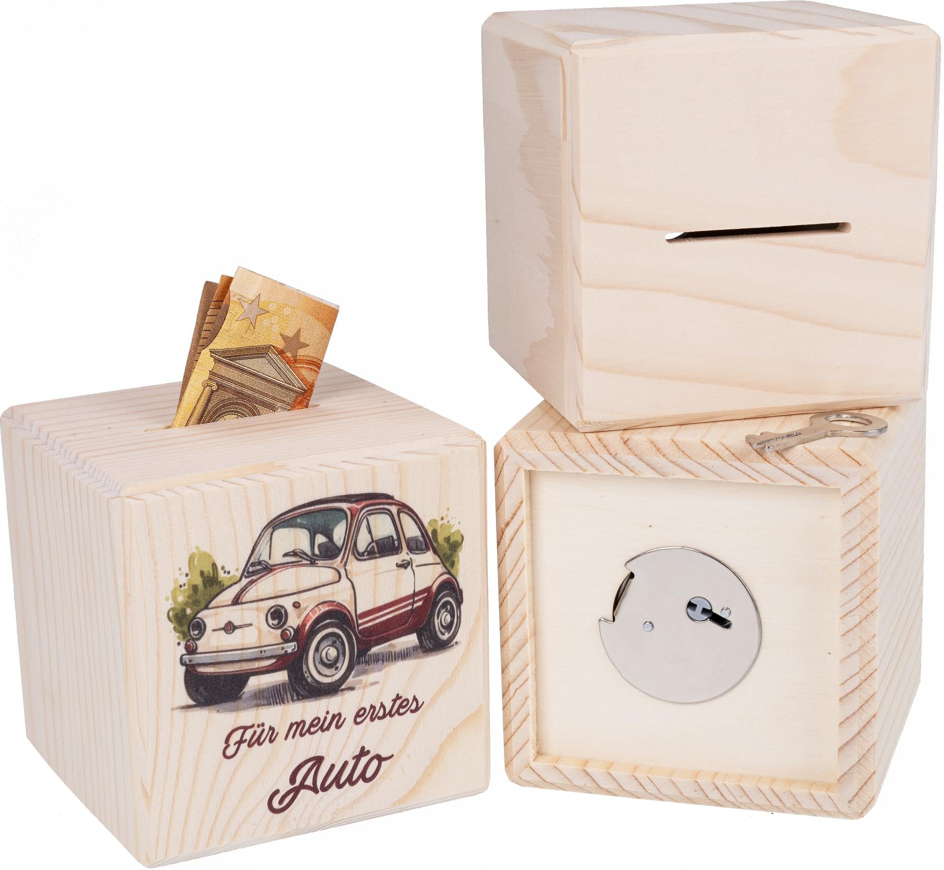 Sparkässeli Holzwürfel mit Aufdruck "Für mein erstes Auto"