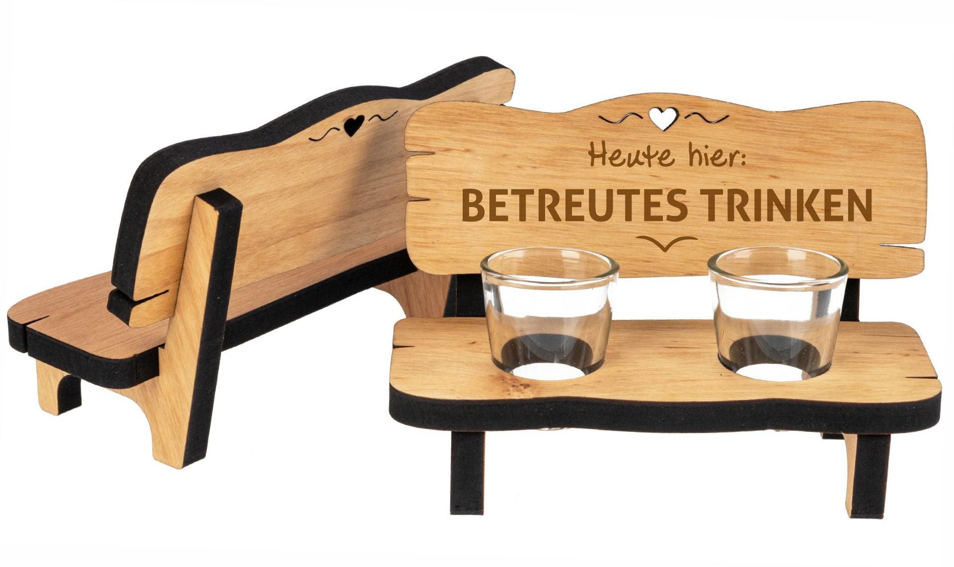 Holz Schnapsbank aus Erle geölt mit 2 Stamperl - Heute hier: BETREUTES TRINKEN!