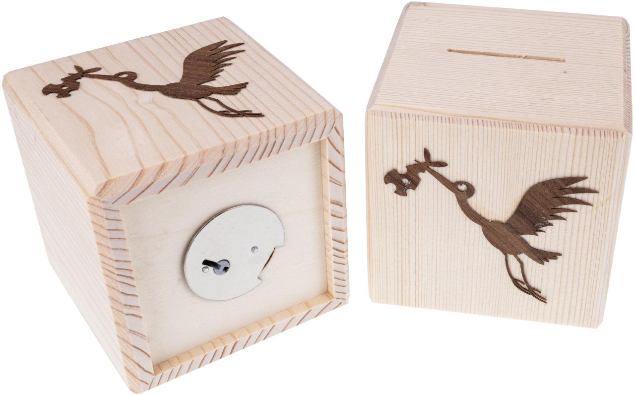 Spardose Storch bringt Kind
