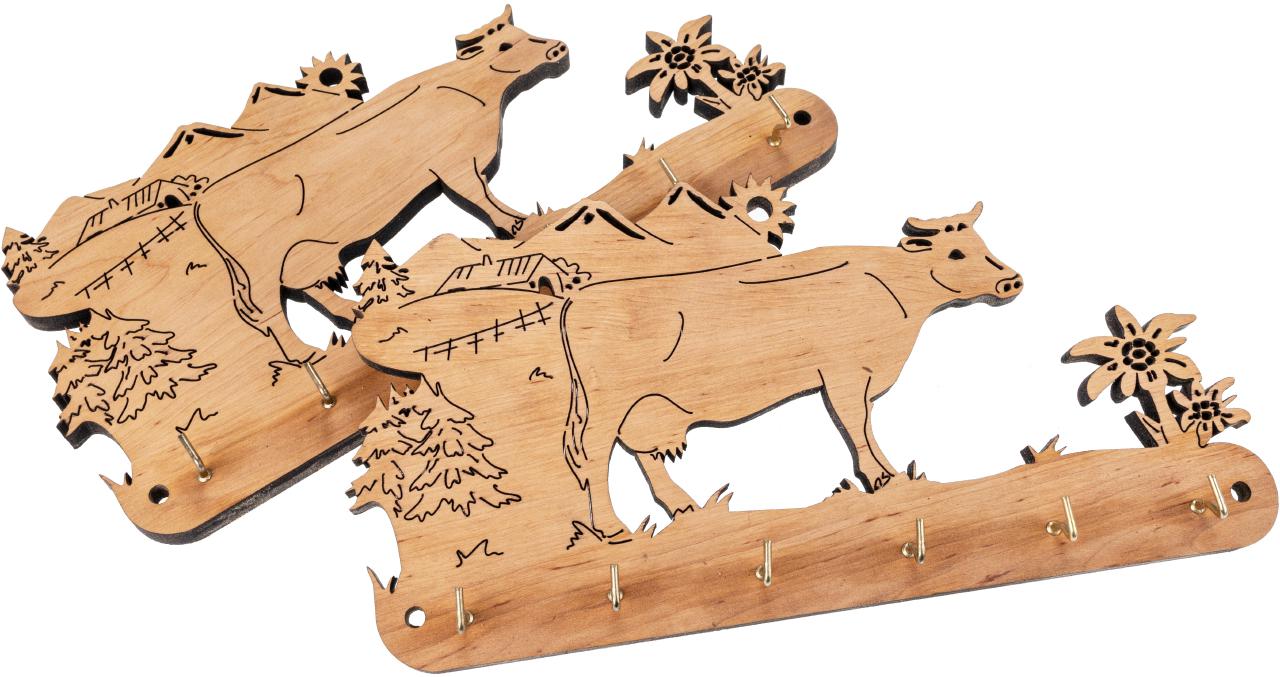 Schlüsselbrett aus Holz Kuhmotiv mit Edelweiss
