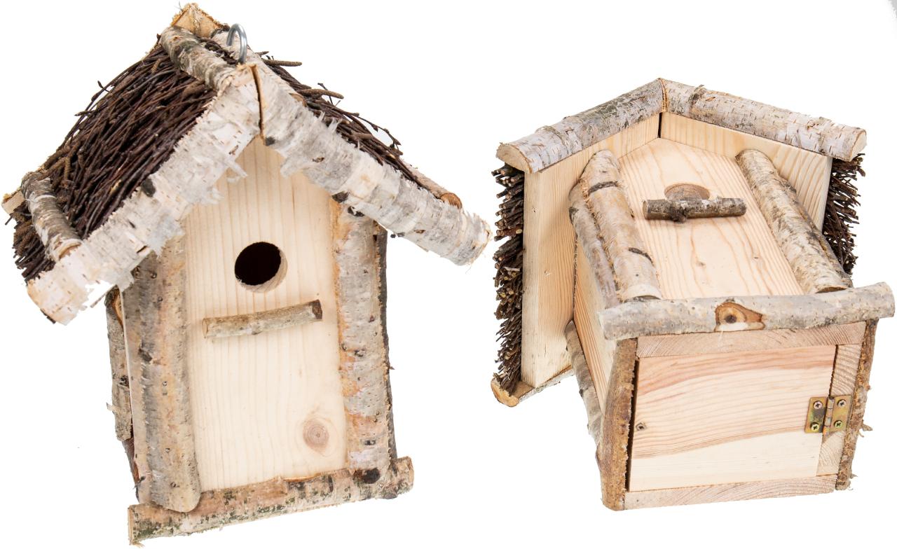Toller Nistkasten aus Birkenholz mit Reisigdach und Reinigungsklappe