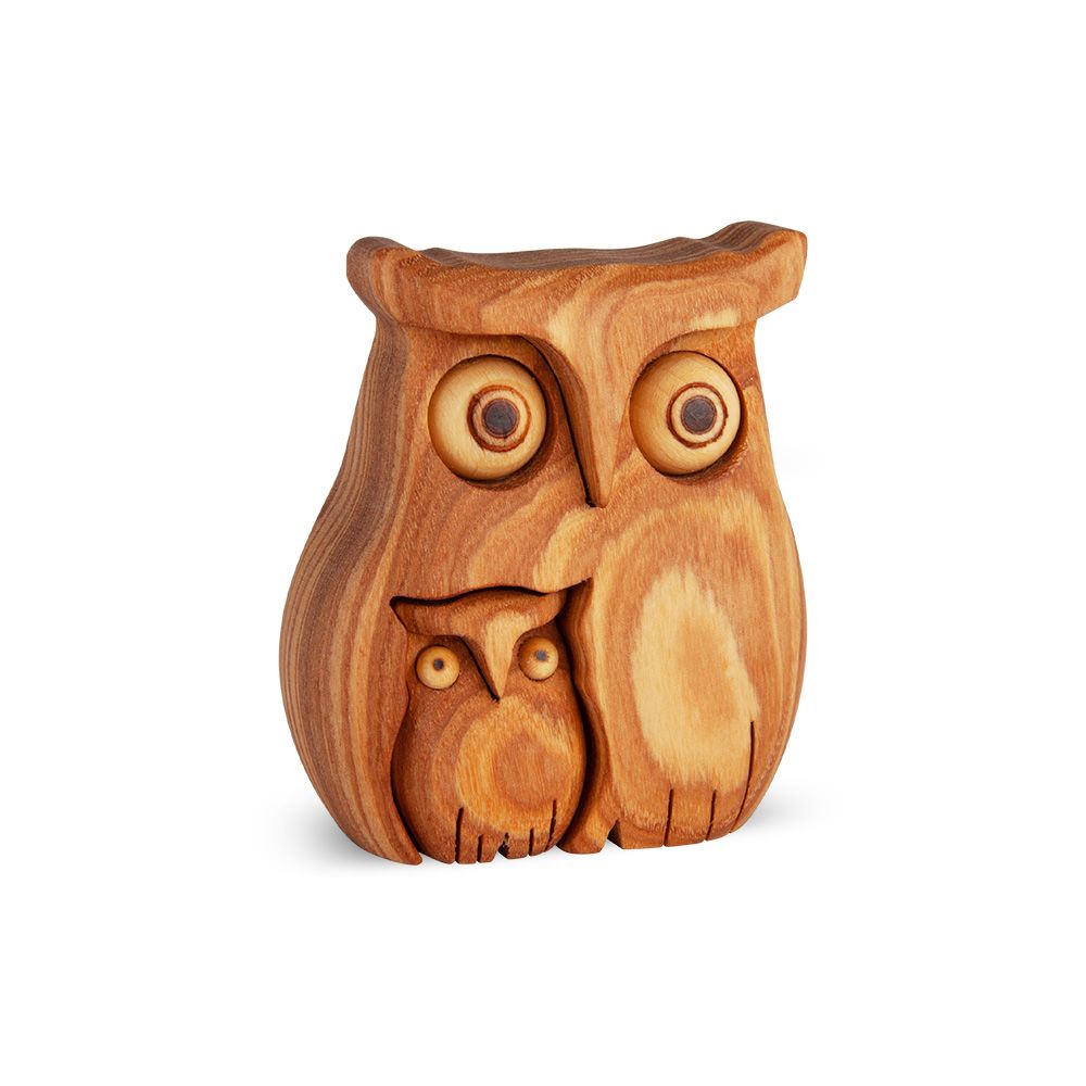 Eulenmama aus Holz mit zwei Kindern