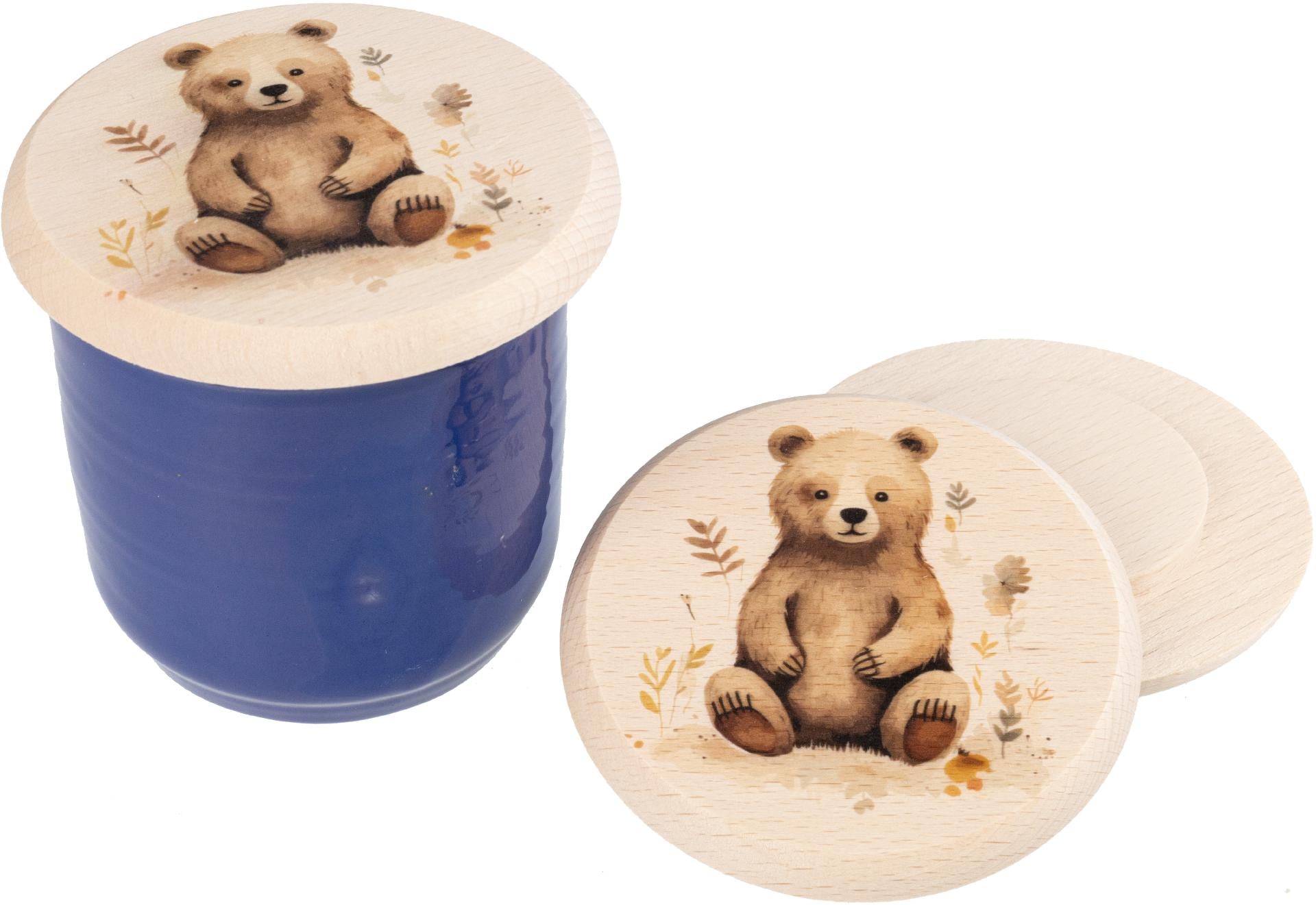Glasabdeckung aus Buchenholz mit Bär‑Motiv