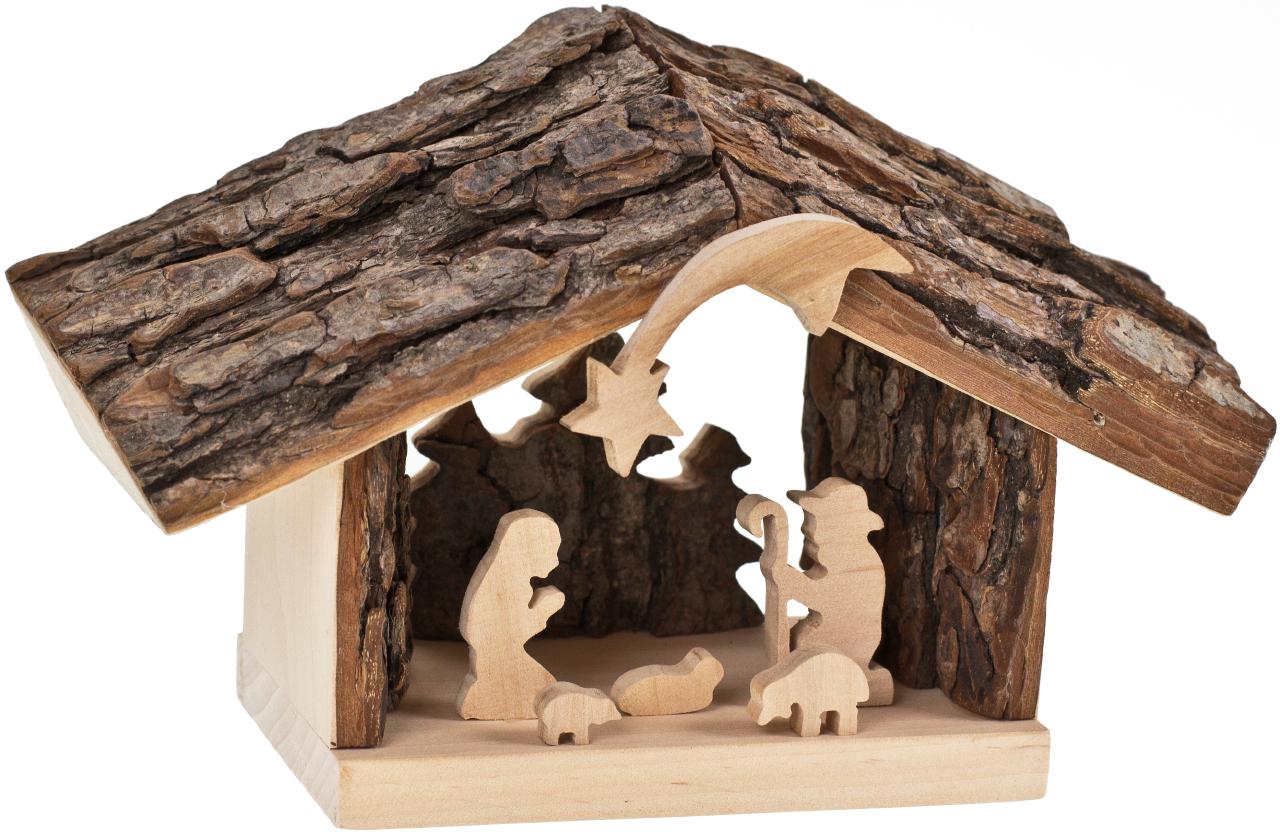 Handgefertigte Weihnachtskrippe aus Erlenholz mit natürlichem Rindendach und Heiliger Familie