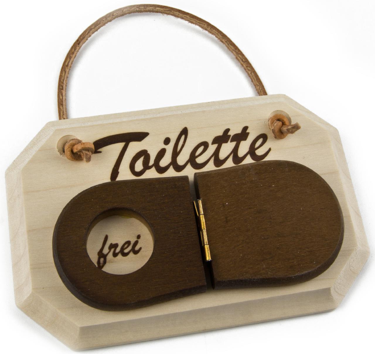 WC‑Schild aus Holz mit umklappbarem Klodeckel und Lederband – zeigt Besetzt/Frei an