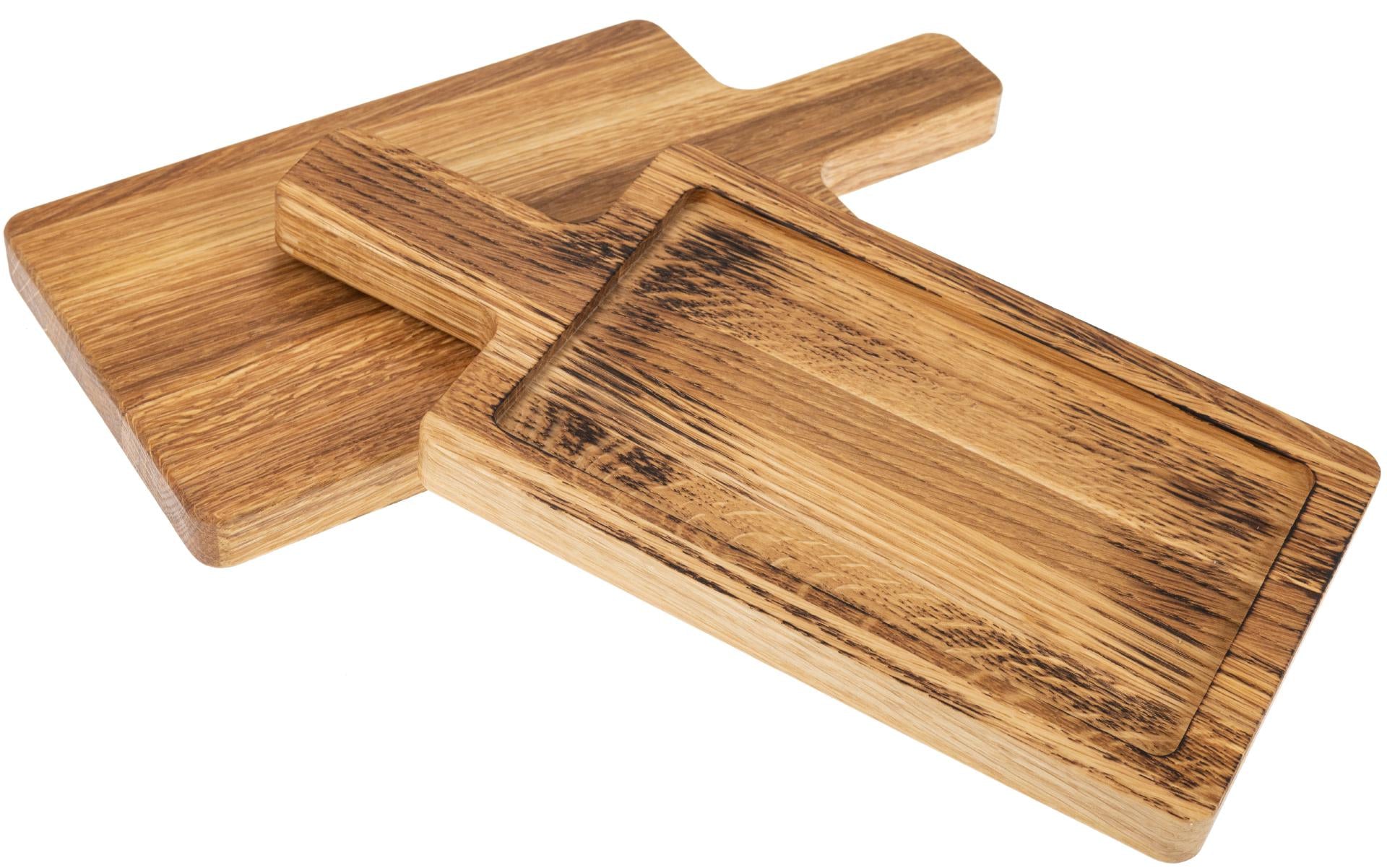 Servierbrett aus geflammter und geölter Eiche 30 × 13,9 × 2 cm mit Griff und 10 mm Rand
