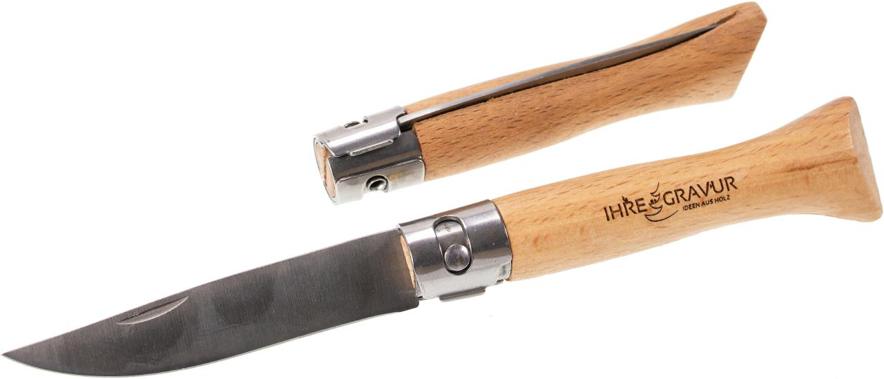 Taschenmesser mit Griff aus FSC-zertifiziertem Buchenholz, 20 cm lang, Bajonettklinge, robust und handlich.