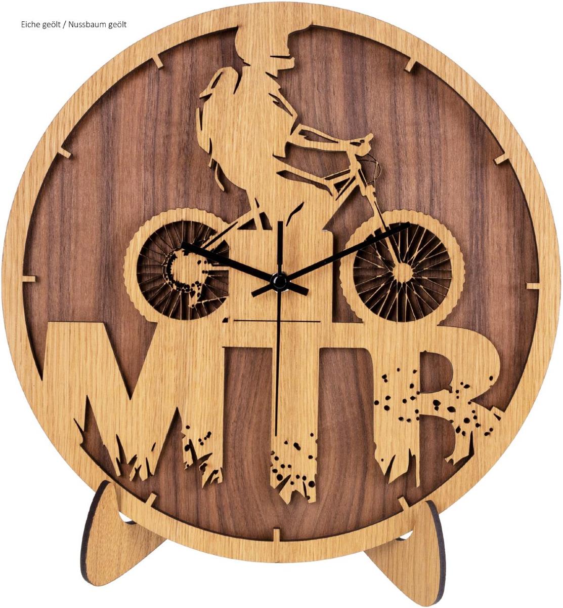 Wanduhr aus Naturholz mit Mountainbike-Motiv (MTB) und geräuschlosem Funkuhrwerk, handgefertigt