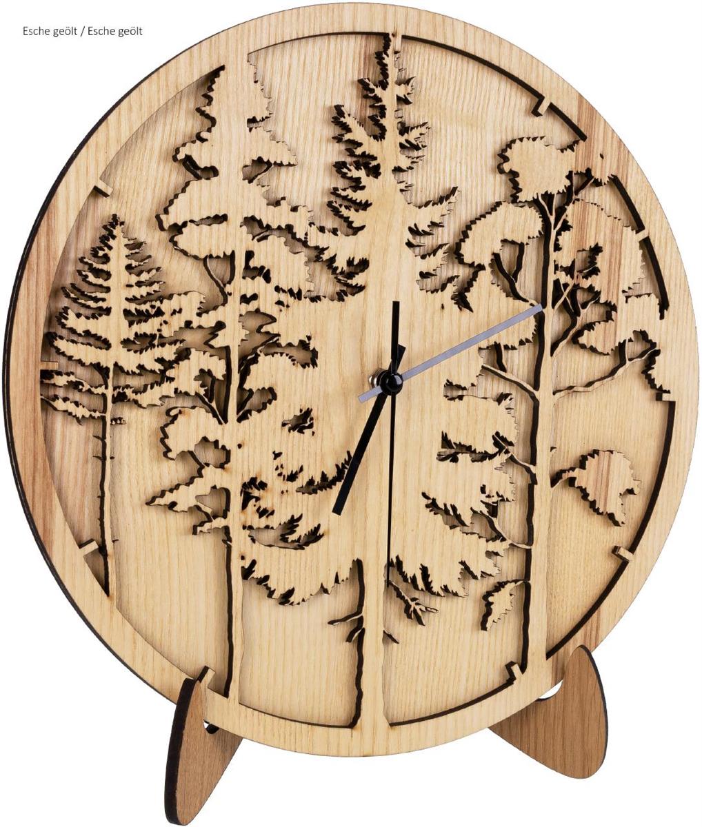 Wanduhr aus Naturholz mit Wald-Panorama-Motiv und geräuschlosem Funkuhrwerk, handgefertigt