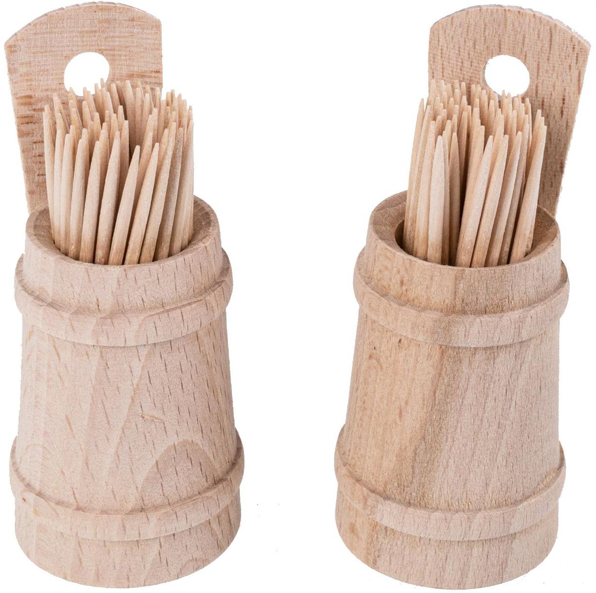 Hochwertiges Zahnstocher-Fässchen aus Buchenholz inklusive Zahnstocher - praktische Größe (8,5 x 4 cm)