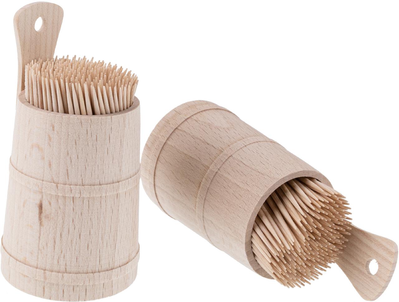 Praktisches Zahnstocherfässchen aus Buchenholz inklusive Zahnstocher - handliche Größe (10 x 5,5 cm)