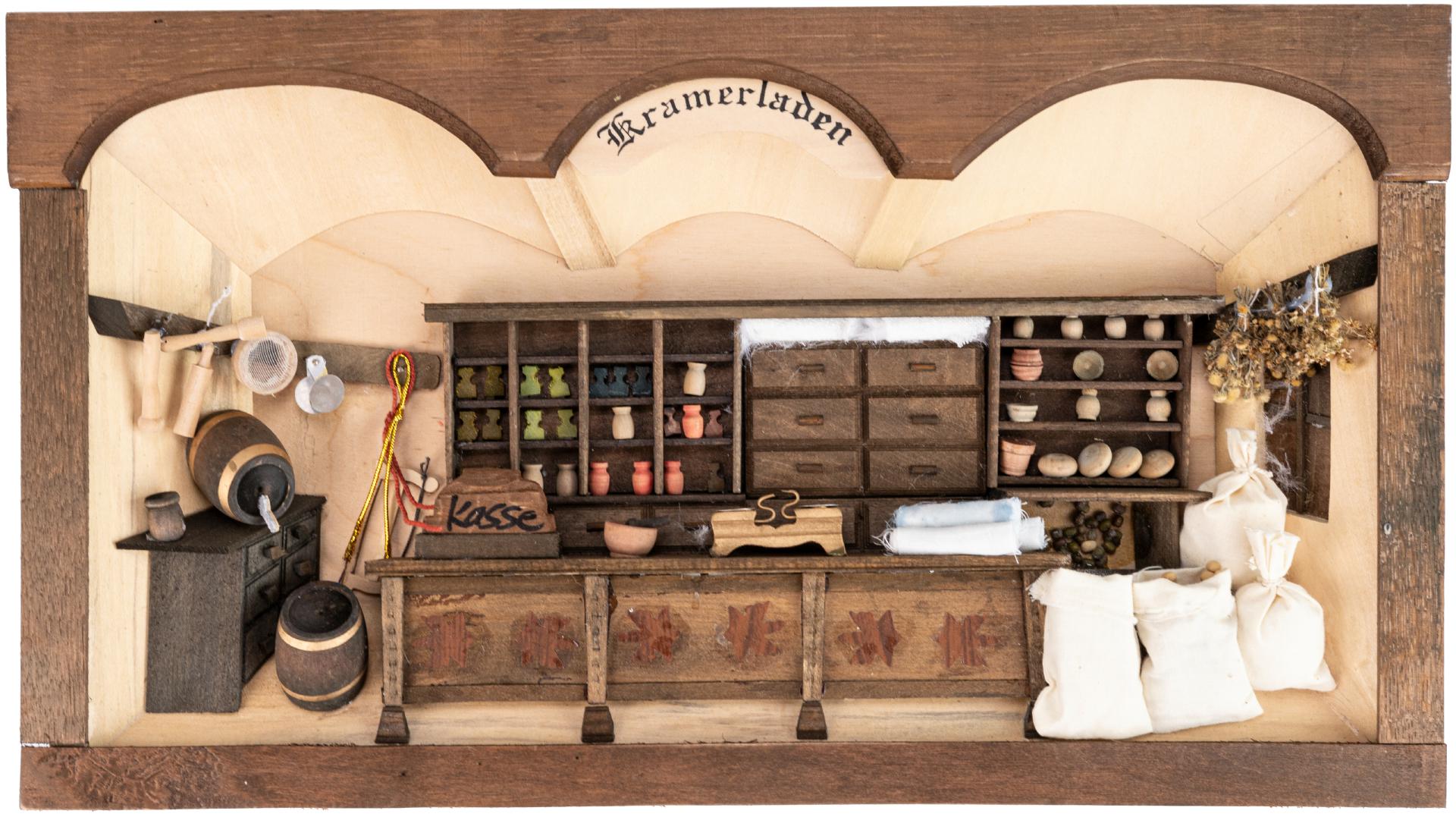 3D Wandbild Kaufmannsladen aus verschiedenen Hölzern – handgefertigte nostalgische Wanddeko