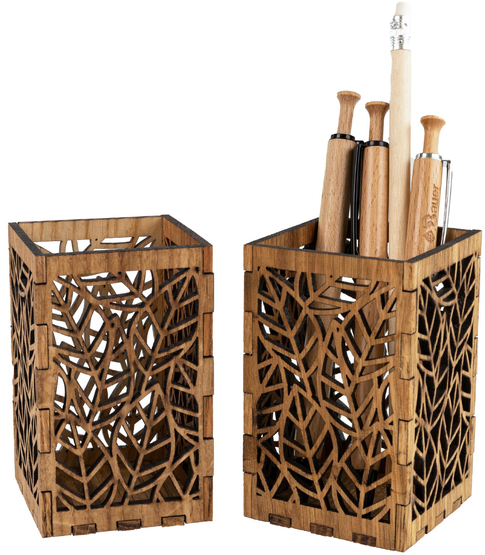 Holz-Stiftehalter mit Laub-Blättern - Eichenholz für natürlichen Charme