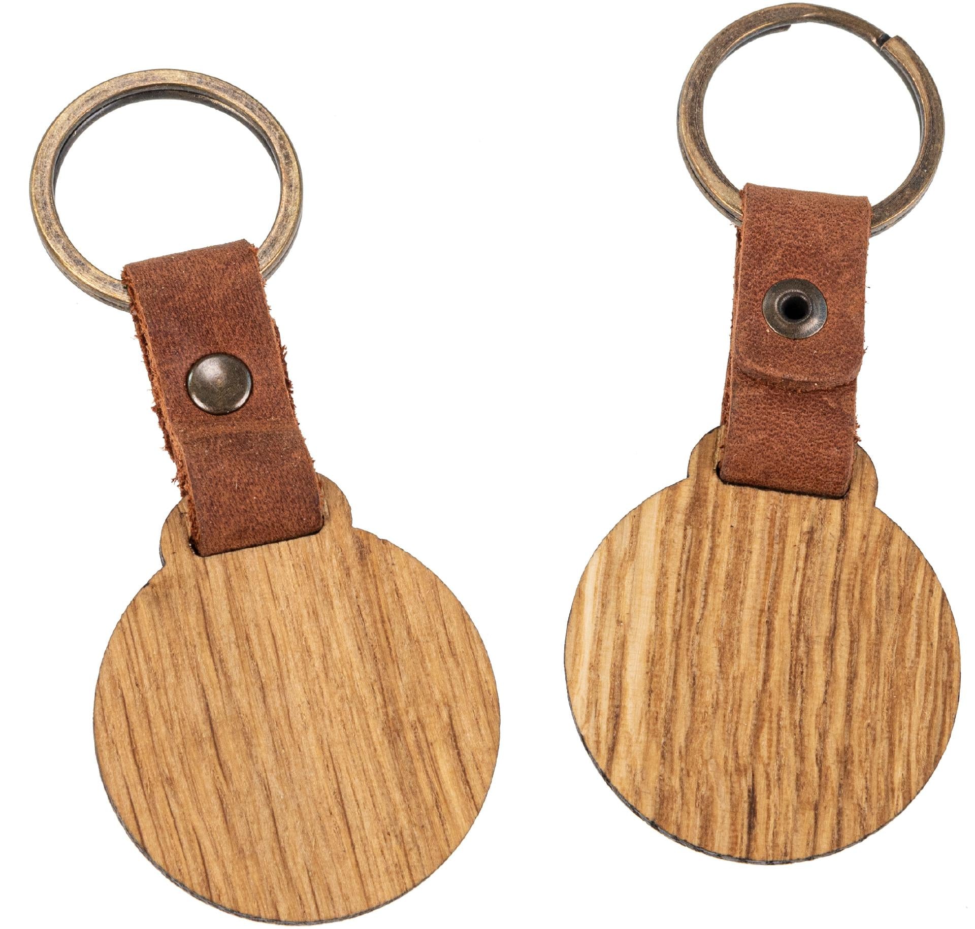 Holz-Schlüsselanhänger aus geölter Eiche rund mit hellbraunem Lederband