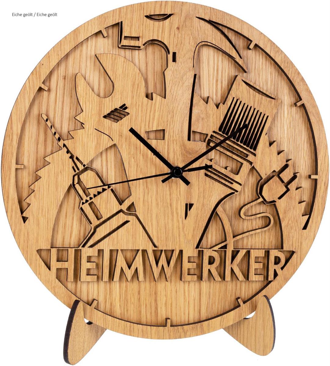 Heimwerker Motiv Wanduhr aus Wunschholz mit geräuschlosem Funk-Uhrenwerk
