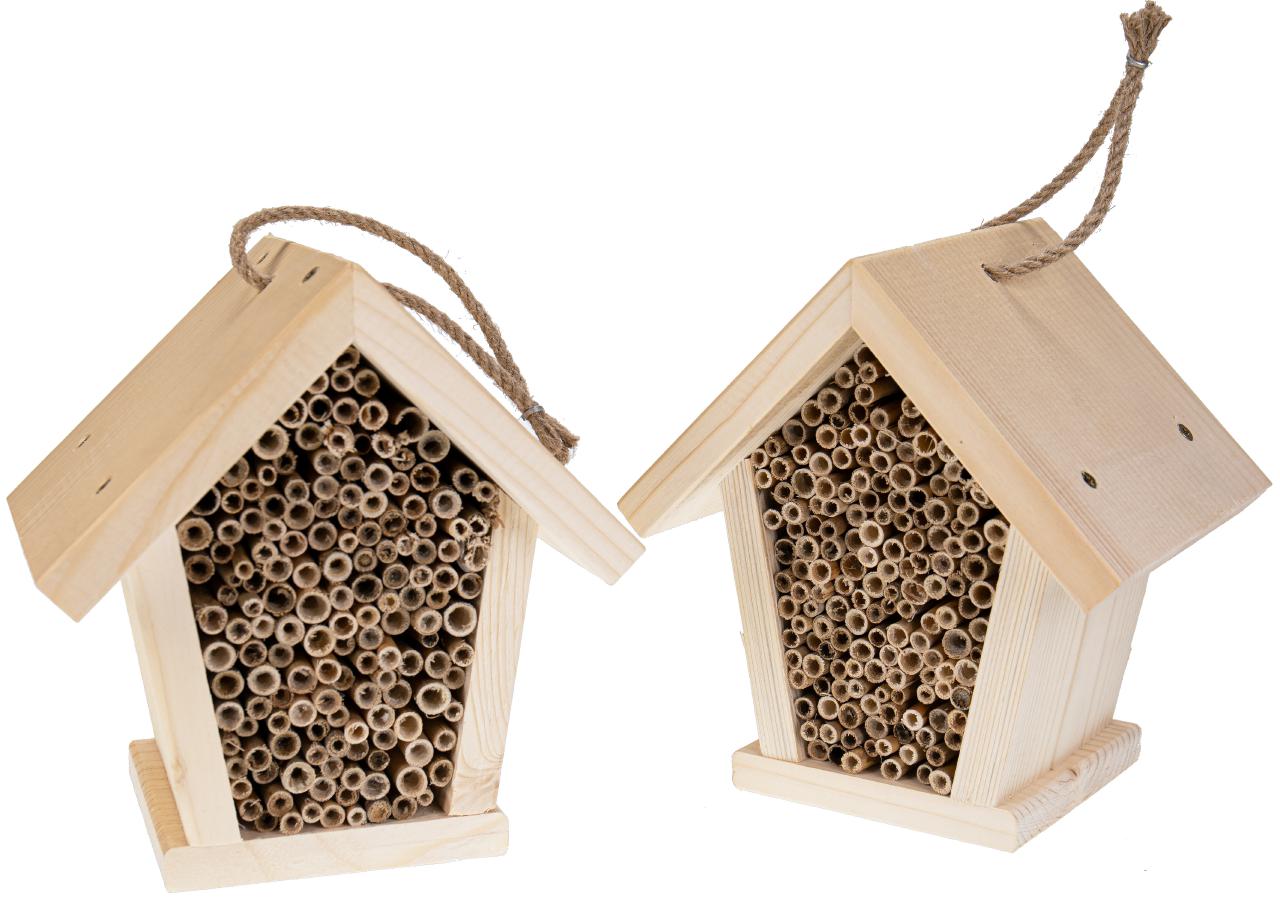 Natürliches Wildbienen-Hotel / Insektenhaus aus Fichtenholz mit Schilf-Röhrchen