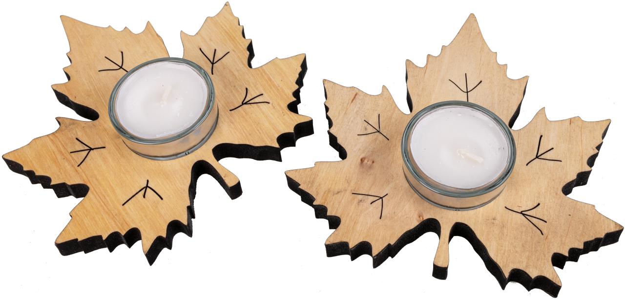 Teelichthalter aus Erlenholz mit Glaseinsatz - Herbstdeko -  Ahornblatt
