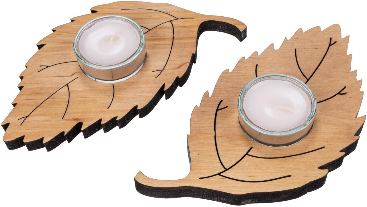 Teelichthalter aus Erlenholz mit Glaseinsatz - Herbstdeko -  Buchenblatt