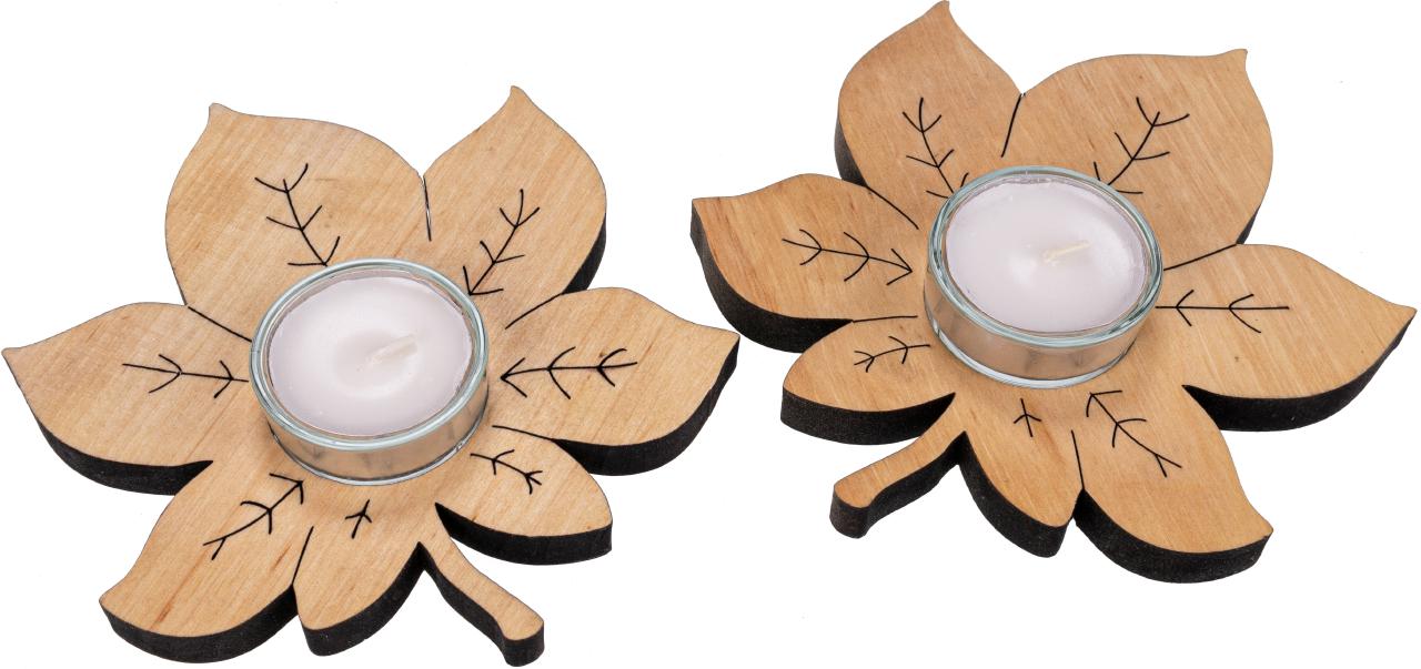 Teelichthalter aus Erlenholz mit Glaseinsatz - Herbstdeko -  Kastanienblatt