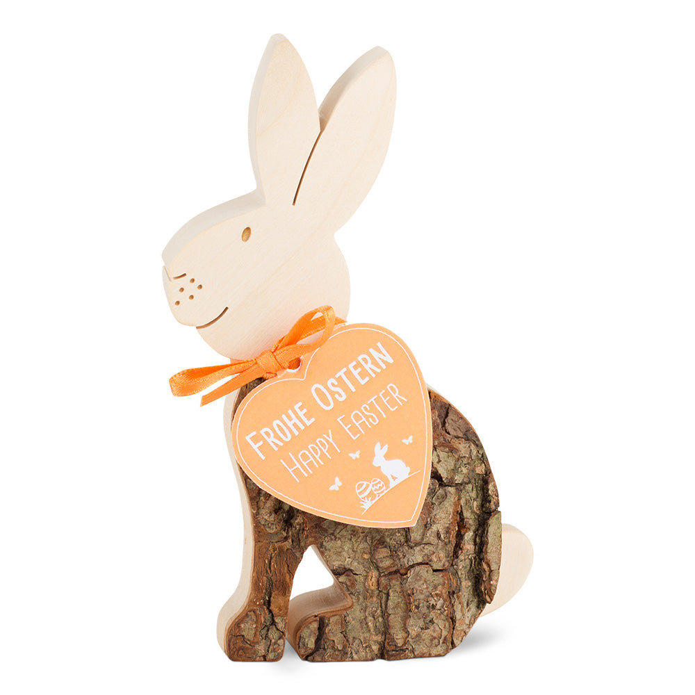 sitzender Osterhase aus Laubholz mit Rinde