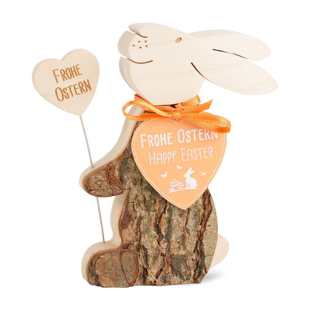 Stehender Osterhase mit Schild frohe Ostern Holz
