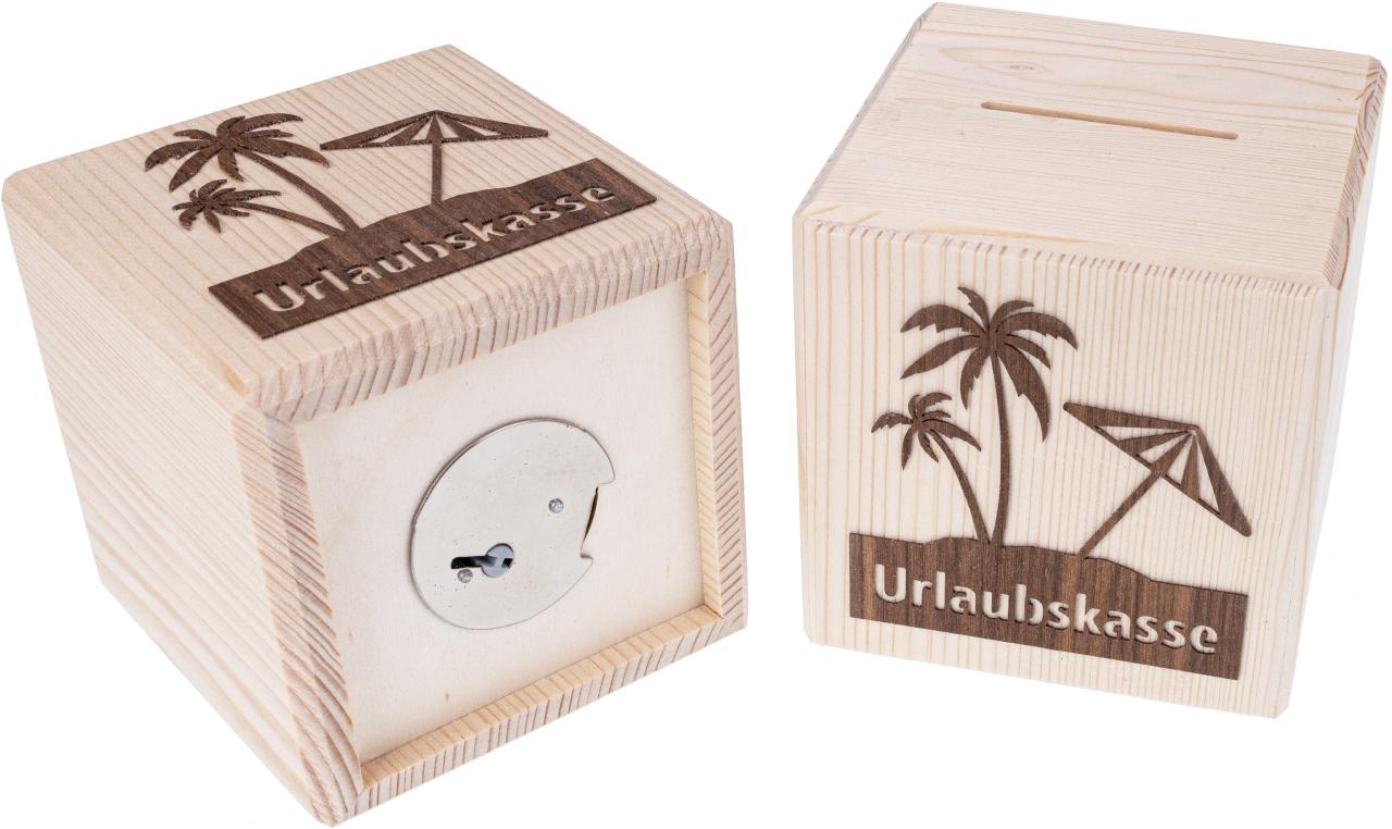 Spardose Urlaubskasse aus Fichtenholz 10 x 10 x 10 cm