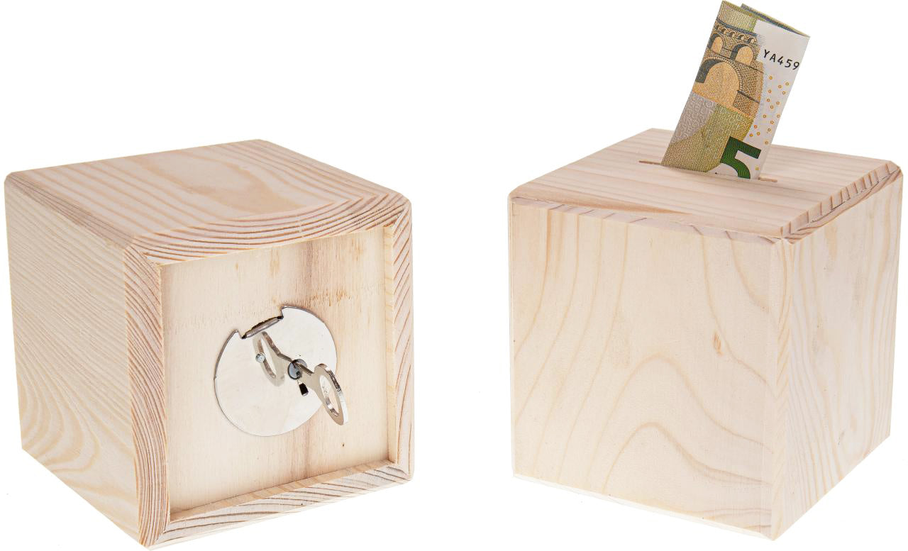 Holz‑Spardose aus Fichte in Würfelform, 10 cm, mit Metallschloss