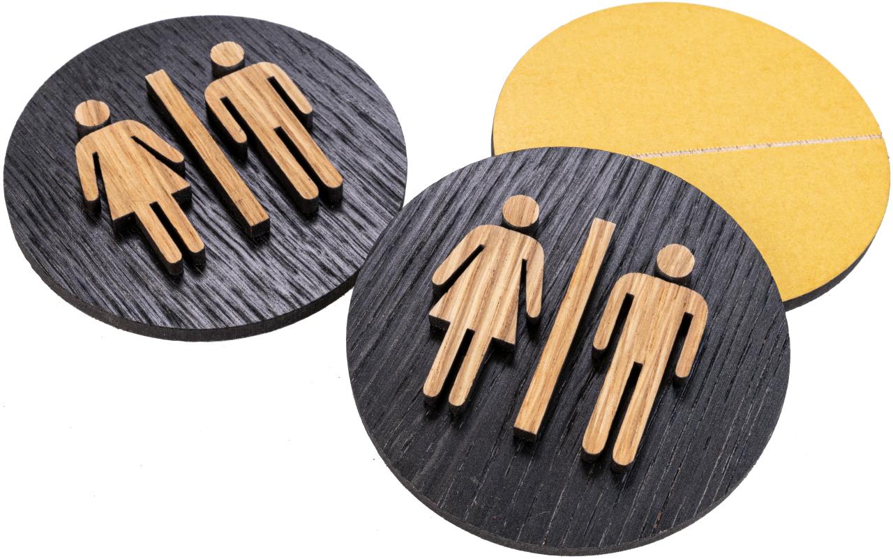 Rundes WC‑Türschild Frau und Mann aus geölter Eiche auf schwarzer Eiche – selbstklebend, FSC‑zertifiziert