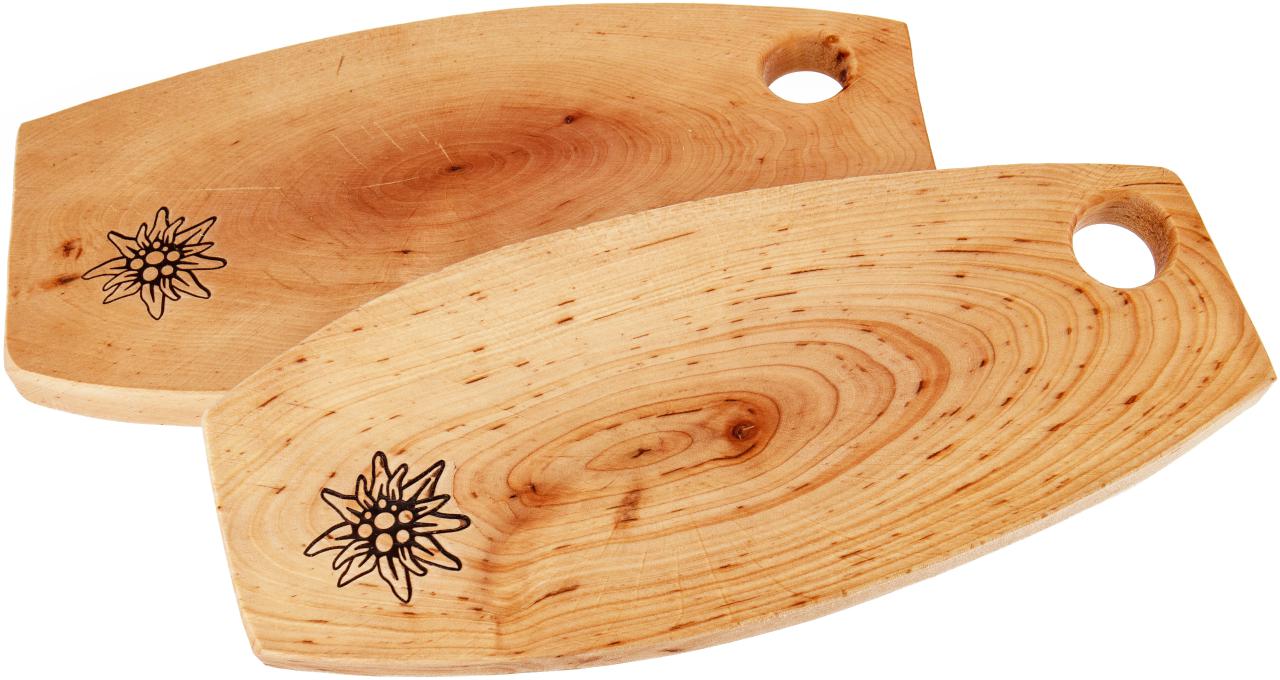 Rustikales Brotzeitbrett aus geölter Erle 34–38 cm mit Edelweiß-Branding
