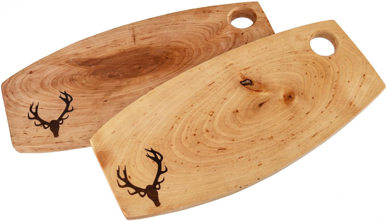Rustikales Brotzeitbrett aus geölter Erle 34–38 cm mit Hirsch-Geweih-Branding

