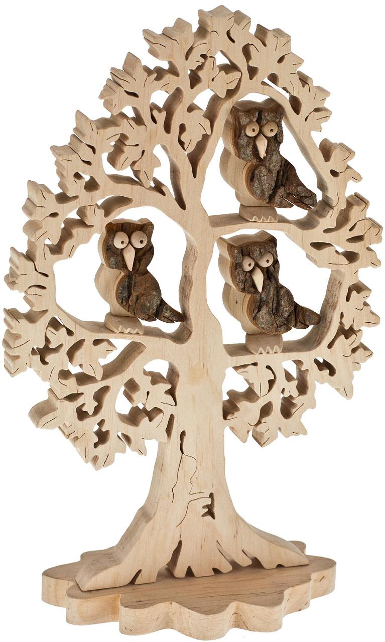 Handgearbeiteter Deko‑Baum aus Erlenholz mit Eulen und abnehmbarem Holzfuß