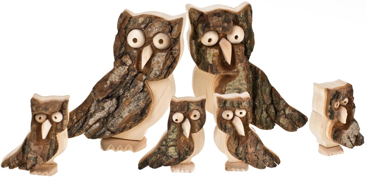 Handgefertigte Deko‑Eulen aus Erlenholz mit Rinde – 2er‑Set, 13 cm hoch