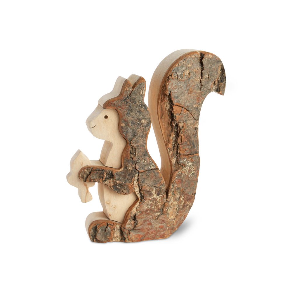 Handgefertigte Holzfigur Eichhörnchen mit natürlicher Rinde als dekorative Naturdeko