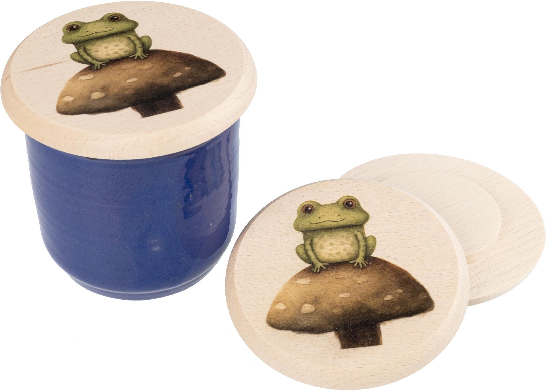 Glasabdeckung aus Buchenholz mit Frosch‑Motiv
