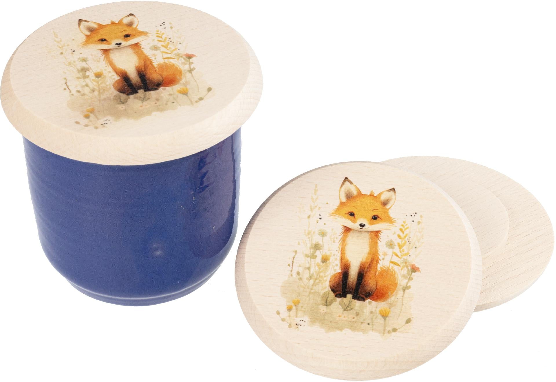 Glasabdeckung aus Buchenholz mit Fuchs‑Motiv