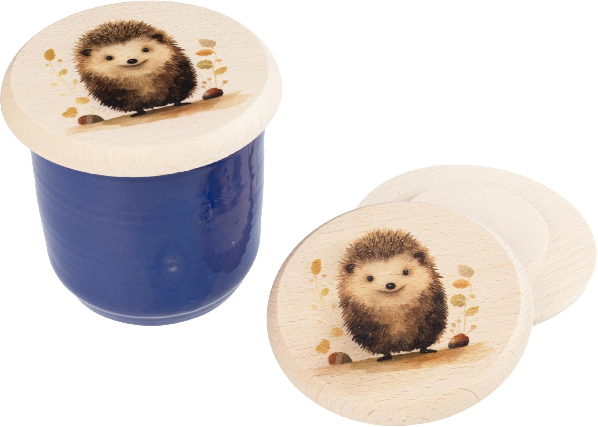 Glasabdeckung aus Buchenholz mit Igel‑Motiv
