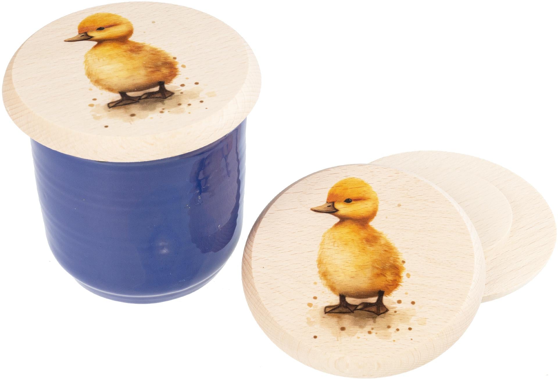 Glasabdeckung aus Buchenholz mit Küken‑Motiv