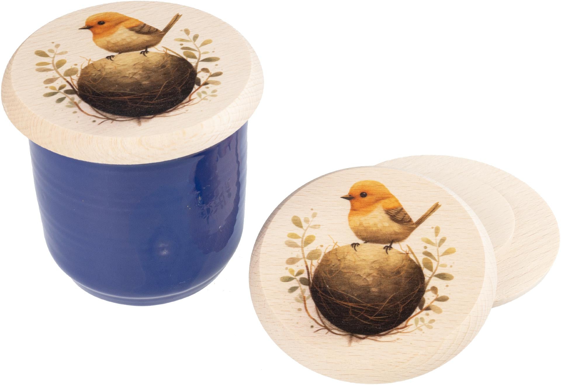 Glasabdeckung aus Buchenholz mit Rotkehlchen‑Motiv