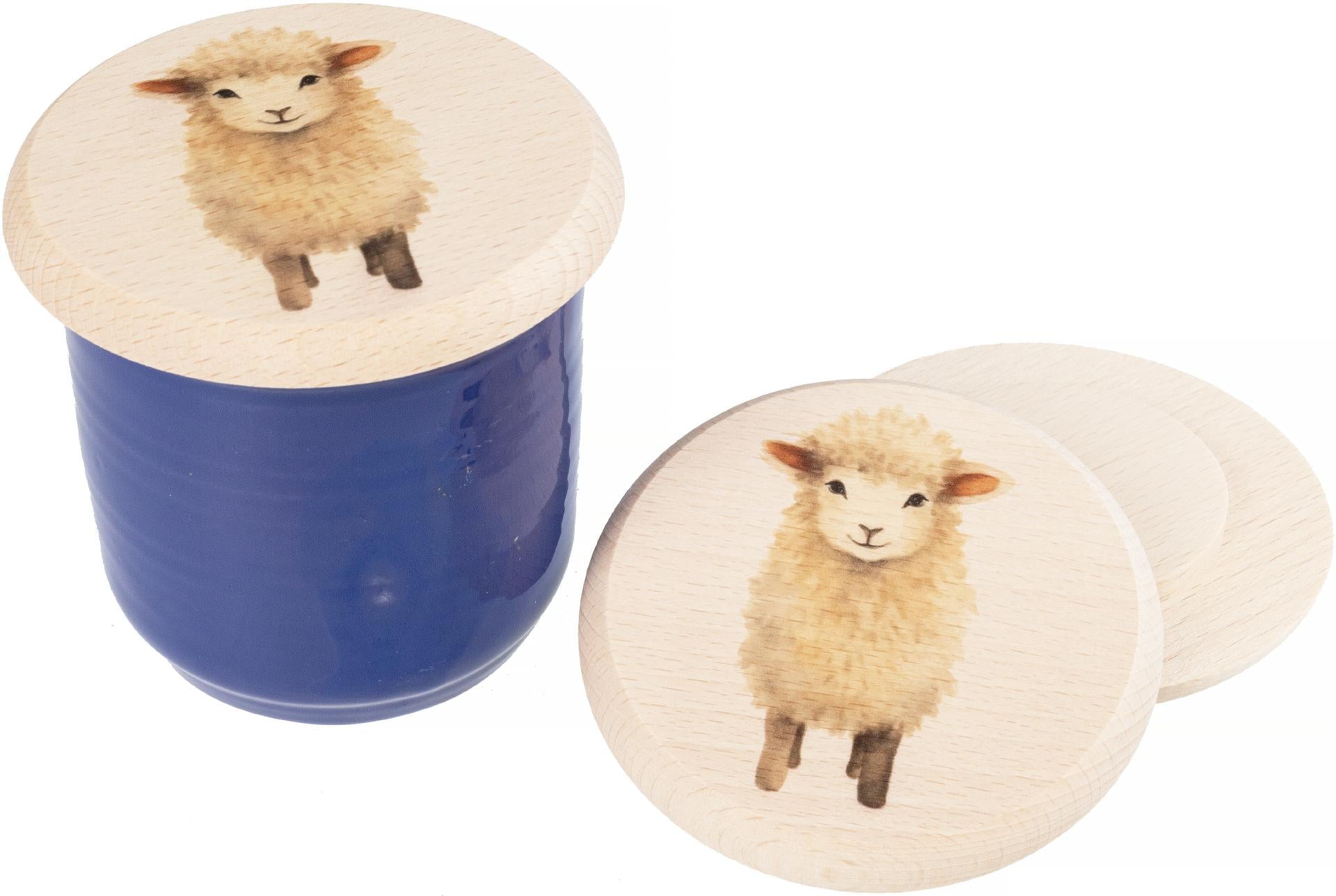 Glasabdeckung aus Buchenholz mit Schaf‑Motiv