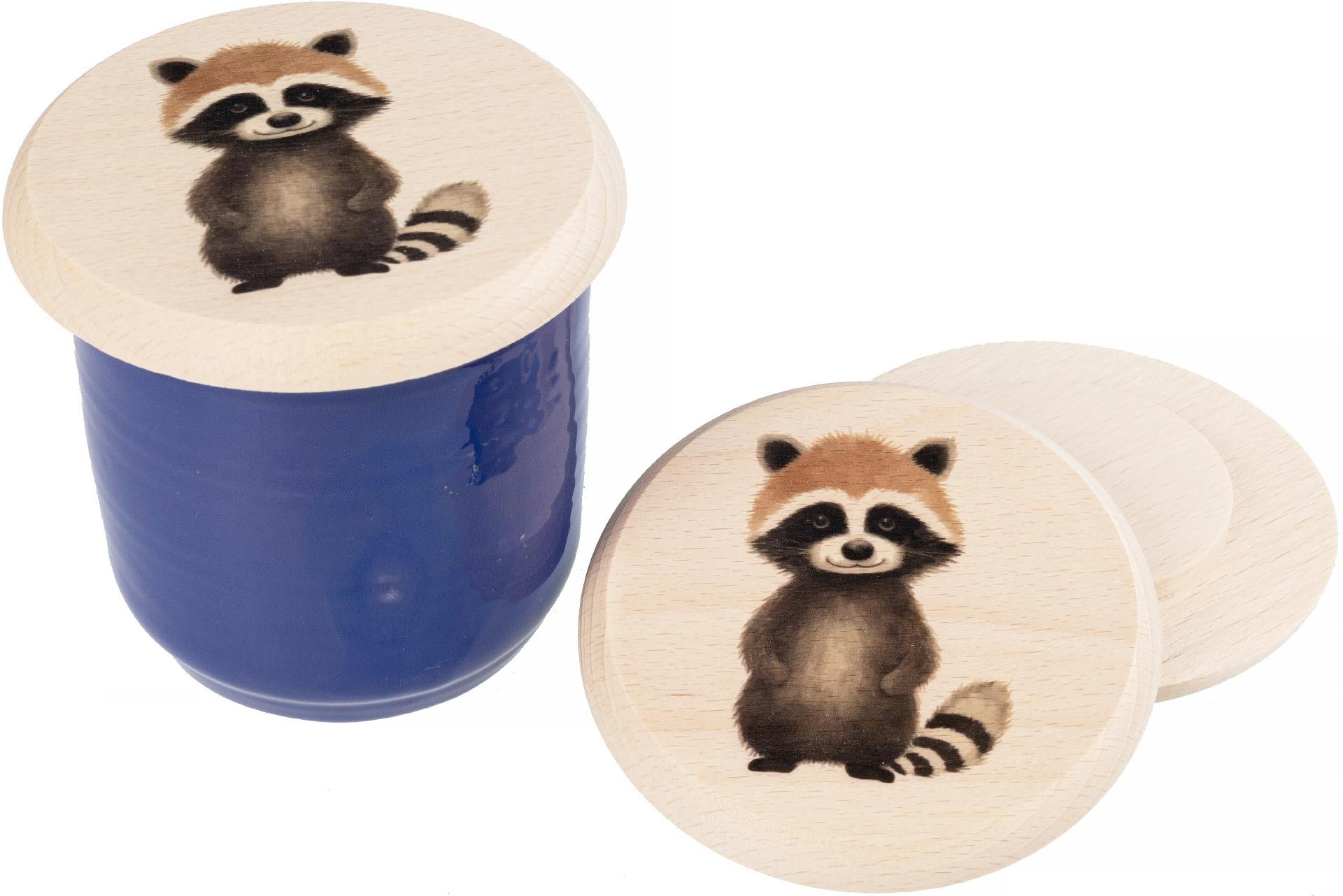 Glasabdeckung aus Buchenholz mit Waschbär‑Motiv