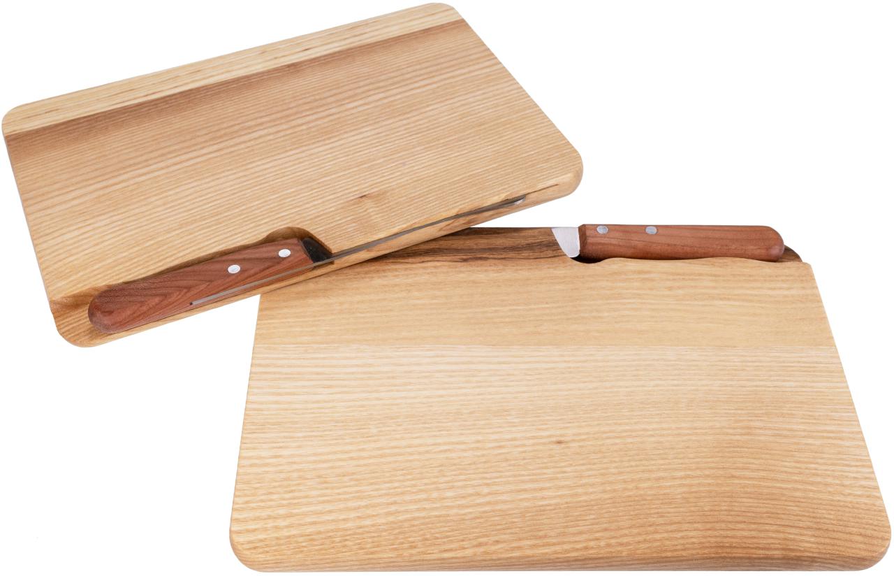 Messerbrett aus geölter FSC-Esche 27x18 cm mit Buckelsmesser aus Kirsche
