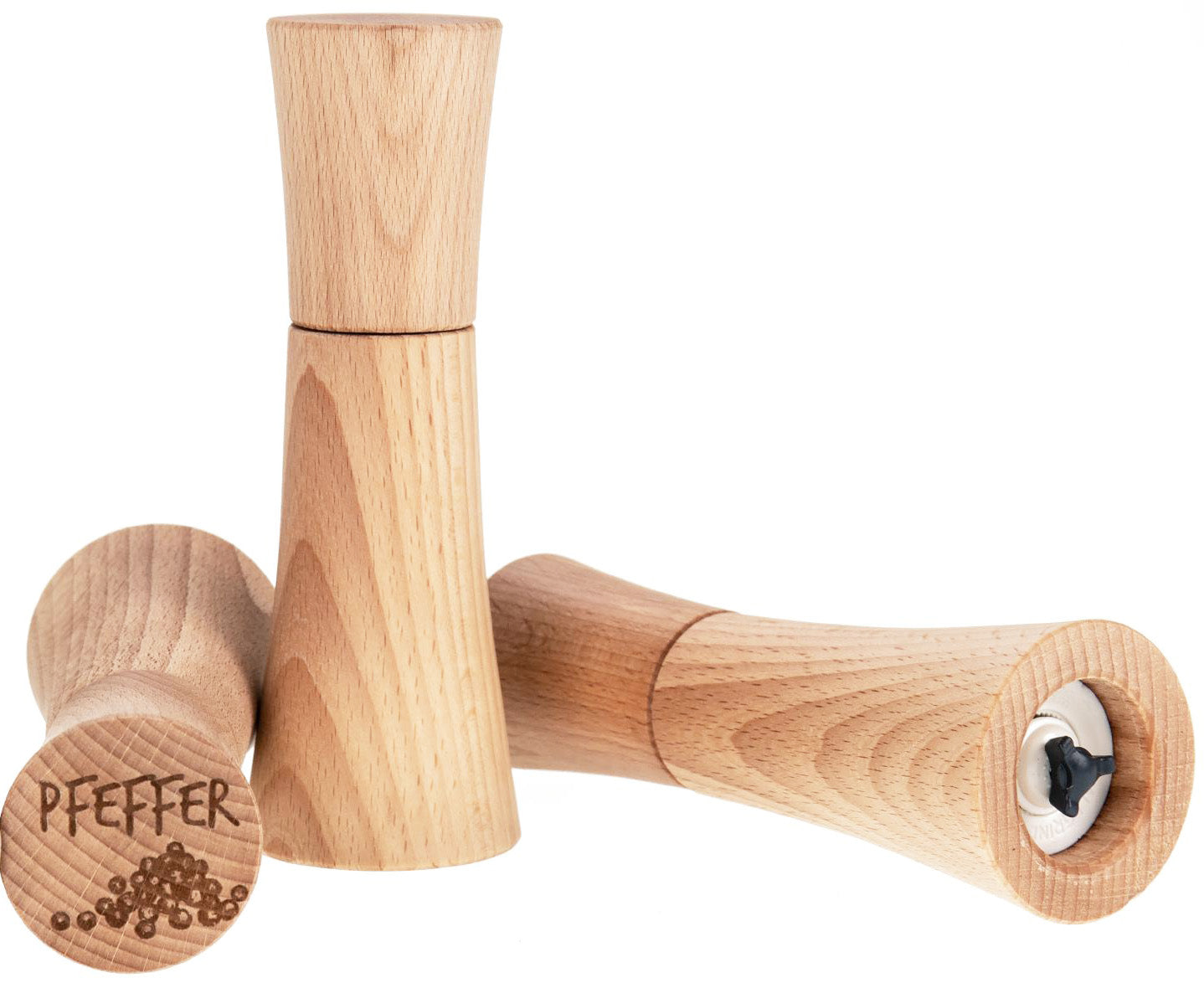 Pfeffermühle aus Buchenholz, 17 cm hoch, mit Gravur „Pfeffer“ und robustem Mahlwerk.
