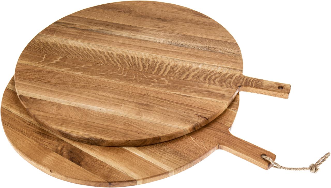 Rundes XXL-Pizzabrett aus geölter Eiche 65 × 56 cm mit Griff und Kordel
