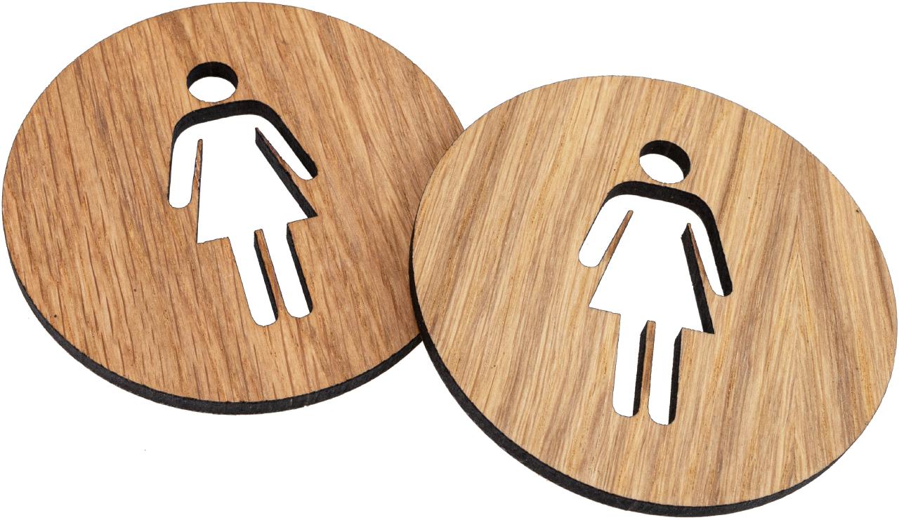 Rundes WC‑Türschild Frau aus geölter Eiche – selbstklebend und FSC‑zertifiziert