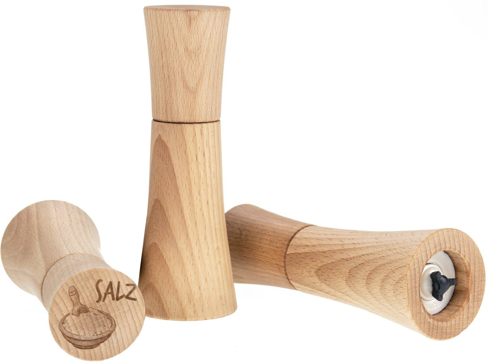 Salzmühle aus Buchenholz, 17 cm hoch, mit Gravur „Salz“ und robustem Mahlwerk.
