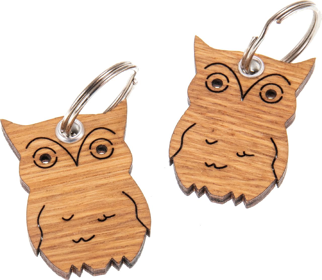 Holz Schlüsselanhänger aus Eiche geölt, Motiv Eule, 5 mm dick
